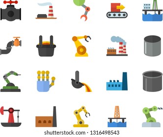 Color flat icon set oil production platform flat vector, pumping, main pipeline, factory, manufactory, conveyor, pipe, robotics, metallurgy, robot hand, industrial