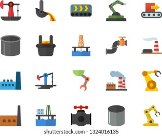 Color flat icon set oil production platform flat vector, pumping, main pipeline, factory, manufactory, conveyor, pipe, robotics, metallurgy, robot hand, industrial