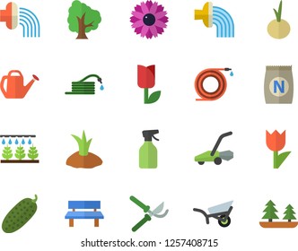 Color flat icon set onion flat vector, cucumber, fertilizer vectory, tree, flower, pulverizer, sprinkling machine, hose, secateurs, watering can, planting plants, irrigation, garden wheelbarrow