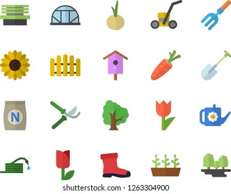 Color flat icon set onion flat vector, fertilizer vectory, nesting box, carrot, tree, flower, pitchfork, shovel, hose, fence, secateurs, watering can, gumboots, tulip, seedlings, lawn mower, bench