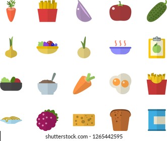Color flat icon set onion flat vector, carrot, cheese, bread, spaghetti, salad, soup, porridge, garlic, tomato, cucumber, French fries, scrambled eggs, blackberry, diet, proteins