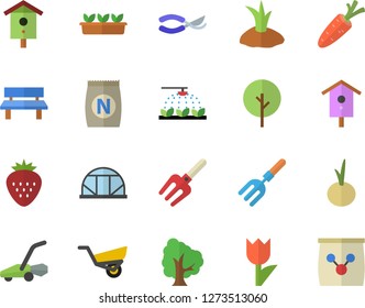 Color flat icon set onion flat vector, Strawberry, fertilizer vectory, nesting box, carrot, tree, sprinkling machine, pitchfork, secateurs, planting plants, garden wheelbarrow, tulip, seedlings