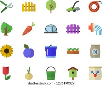 Color flat icon set onion flat vector, plum, fertilizer vectory, nesting box, carrot, tree, flower, hose, fence, secateurs, bucketful, irrigation, tulip, seedlings, lawn mower, greenhouse