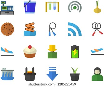 Color flat icon set onion flat vector, cupcake, biscuit, home plant, bucketful, battery, hydroelectric power station, metallurgy, cash machine, beakers, skipping rope, arrival fector, departure