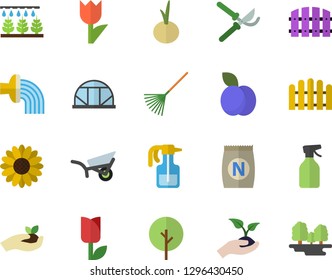 Color flat icon set onion flat vector, plum, fertilizer vectory, tree, flower, pulverizer, sprinkling machine, fence, secateurs, seedlings, rake, hose irrigation, garden wheelbarrow, tulip, forest