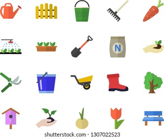 Color flat icon set onion flat vector, fertilizer vectory, nesting box, carrot, tree, sprinkling machine, shovel, fence, secateurs, seedlings, rake, watering can, bucketful, garden wheelbarrow
