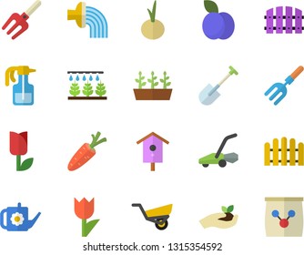 Color flat icon set onion flat vector, plum, nesting box, carrot, pulverizer, sprinkling machine, pitchfork, shovel, fence, seedlings, watering can, hose irrigation, garden wheelbarrow, tulip