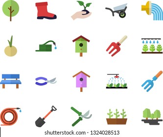 Color flat icon set onion flat vector, nesting box, tree, sprinkling machine, pitchfork, shovel, hose, secateurs, seedlings, irrigation, garden wheelbarrow, gumboots, bench, forest