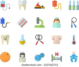 Color flat icon set orange flat vector, thermometer, pond, pill packaging, medical warmer, blood transfusion, microscope, hospital bed, analysis, massage, ampoule, nurse, breast, tooth, gymnastics