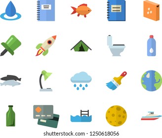 Color flat icon set paint brush flat vector, toilet, groats, fish, rain, earth, drop, glass bottles, credit card, notebook, drawing pin, reading lamp, rocket, moon, water, pool, tent fector, yacht