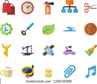 Color flat icon set paint brush flat vector, repair, whisk, biscuit, ear, oil pumping, tree leaf, electric cars, hierarchy, bags, coffee, clip, satellit, swimming, gymnastics, mask fector, scissors