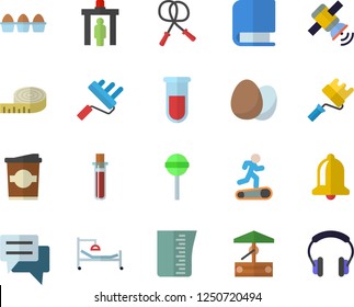 Color flat icon set paint roller flat vector, meashuring cup, egg, lollipop, coffe, well, chat, blood test, hospital bed, book, satellit, centimeter, skipping rope, Treadmill, control gate fector