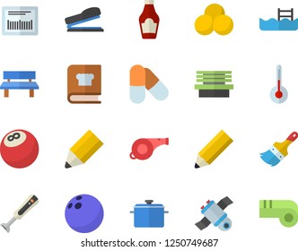 Color flat icon set paint brush flat vector, saucepan, cookbook, blender, temperature, ketchup, bench, barcode, pencil, stapler, satellit, whistle, bowling ball, pills, pool