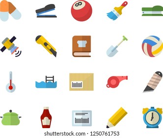 Color flat icon set paint brush flat vector, stationery knife, saucepan, cookbook, temperature, ketchup, shovel, barcode, stapler, pencil, satellit, whistle, bowling ball, volleyball, pills, pool
