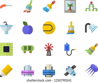 Color flat icon set paint brush flat vector, sink, shower, plum, windmill, knife, medical warmer, printer, pencil, satellit, cpu, classification, skateboard, tennis ball, photo fector, jellyfish