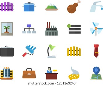 Color flat icon set paint roller flat vector, faucet, saucepan, chicken, fence, plant, case, briefcase, stomach, reading lamp, tie, windmill, classification, hotel fector, photo, reception desk