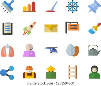 Color flat icon set paint brush flat vector, putty knife, teapot, egg, ladder, construction worker, signboard, molecules, helicopter, scalpel, lungs, clipboard, phone operator, rocket, pushpin, user