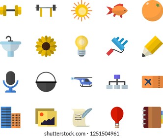 Color flat icon set paint roller flat vector, sink, skyscraper, cauldron, fish, orange, flower, helicopter, pencil, bulb, hostory roll, classification, dumbbell, barbell, balloon fector, ticket, sun