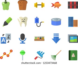 Color flat icon set paint roller flat vector, skyscraper, tile, spice, fish, bread, canned food, lollipop, bell pepper, rake, marker, scatter chart, medical warmer, broken tooth, dumbbell, gallery