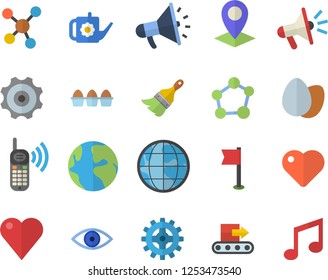 Color flat icon set paint brush flat vector, egg, watering can, cogwheel, conveyor, location, earth, phone call, mouthpiece, heart, eye, molecules, molecule, sports flag, note