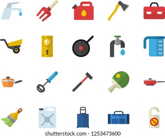 Color flat icon set paint brush flat vector, door lock, ax, faucet, frying pan, saute, teflon, meashuring cup, whisk, pitchfork, garden wheelbarrow, water tap, canister, briefcase, table tennis