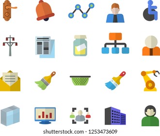 Color flat icon set paint brush flat vector, door lock, colander, power line support, robotics, hierarchy, person, scatter chart, news, disabled, medical analysis, computer, office building, sticker