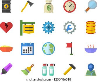 Color flat icon set paint brush flat vector, repair, ax, hammer, soup, porridge, earth, oil tanks, cogwheel, signboard, marker, wealth, ampoule, calendar, magnifier, sports flag, clock, heart