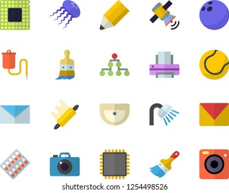 Color flat icon set paint brush flat vector, sink, shower, rolling pin, pill packaging, medical warmer, printer, pencil, mail, satellit, cpu, classification, bowling ball, tennis, jellyfish fector