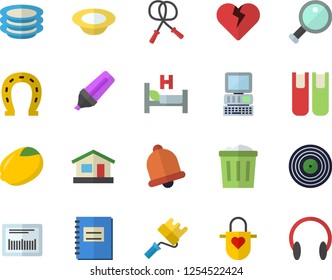 Color flat icon set paint roller flat vector, apron, plates, lemon, dish, horseshoe, house, marker, barcode, hospital bed, notebook, book, computer, magnifier, skipping rope, bell, trash can, heart