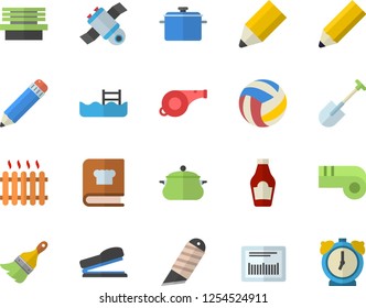 Color flat icon set paint brush flat vector, stationery knife, saucepan, cookbook, ketchup, shovel, bench, radiator, barcode, pencil, stapler, satellit, whistle, volleyball, pool, alarm clock