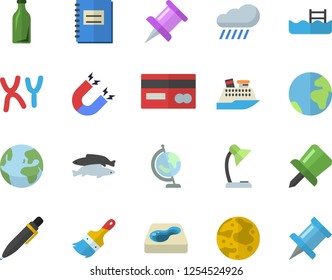 Color flat icon set paint brush flat vector, fish, rain, pool, glass bottles, credit card, chromosomes, notebook, drawing pin, reading lamp, pen, moon, globe, magnet, earth fector, cruise ship