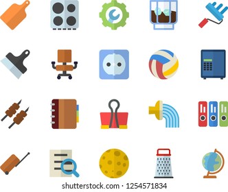 Color flat icon set paint roller flat vector, sockets, repair, putty knife, cutting board, electric stove, grater, shashlik, whiskey, hose irrigation, magnifier, office chair, folder, moon, safe