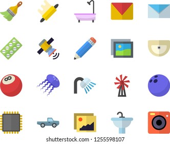 Color flat icon set paint brush flat vector, sink, shower, rolling pin, windmill, pickup truck, pill packaging, pencil, mail, satellit, cpu, bowling ball, jellyfish fector, gallery, camera