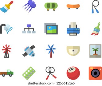 Color flat icon set paint brush flat vector, sink, shower, windmill, pickup truck, pill packaging, printer, satellit, classification, bowling ball, skateboard, skipping rope, photo fector, jellyfish