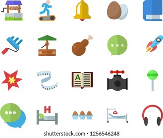 Color flat icon set paint roller flat vector, egg, chicken, lollipop, well, main pipeline, rocket, chat, hospital bed, book, spark, centimeter, Treadmill, bell, headset