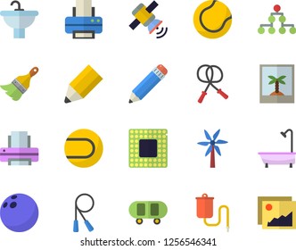Color flat icon set paint brush flat vector, sink, shower, windmill, medical warmer, printer, pencil, satellit, cpu, classification, bowling ball, skateboard, skipping rope, tennis, photo fector