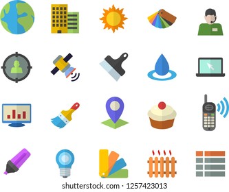Color flat icon set paint brush flat vector, color scheme, skyscraper, putty knife, cupcake, sun, lamp, drop, radiator, location, target audience, earth, marker, telephone operator, phone call, menu