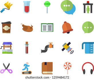 Color flat icon set paint roller flat vector, meashuring cup, scissors, chicken, lollipop, coffe, well, main pipeline, chat, blood test, satellit, textbook, Treadmill, control gate fector, bell