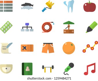 Color flat icon set paint roller flat vector, sink, tomato, fish, orange, well, hose, marker, scatter chart, pill packaging, broken tooth, hostory roll, classification, barbell, athletic shorts