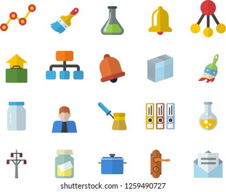 Color flat icon set paint brush flat vector, door lock, saucepan, turk, glass jar, chemistry, power line support, hierarchy, person, scatter chart, medical analysis, sticker, folders for papers