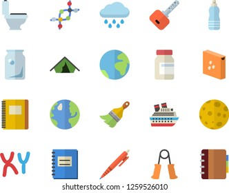 Color flat icon set paint brush flat vector, toilet, groats, rain, earth, glass bottles, chromosomes, notebook, pen, moon, dna, vitamins, carpal expander, water, fector, tent, cruise ship, key