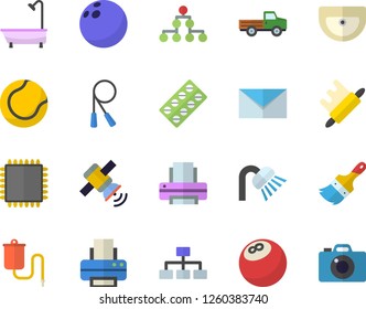 Color flat icon set paint brush flat vector, sink, shower, rolling pin, pickup truck, pill packaging, medical warmer, printer, mail, satellit, cpu, classification, bowling ball, skipping rope