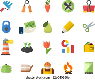 Color flat icon set paint roller flat vector, saucepan, piece of cake, carrot, pear, planting plants, tulip, bonfire, construction worker, lighthouse, investments, purse, statistics, pencil, weight