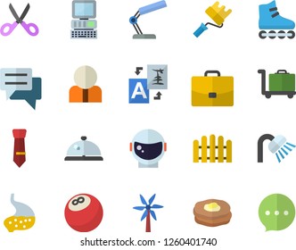 Color flat icon set paint roller flat vector, shower, scissors, pancakes, windmill, fence, case, person, chat, stomach, reading lamp, tie, computer, astronaut helmet fector, bowling ball, Skates