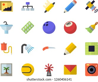 Color flat icon set paint brush flat vector, sink, shower, rolling pin, windmill, knife, pill packaging, medical warmer, pencil, mail, satellit, cpu, classification, bowling ball, tennis, gallery