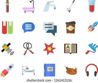 Color flat icon set paint roller flat vector, shower, faucet, chicken, coffe, rocket, chat, blood test, hospital bed, book, satellit, spark, textbook, skipping rope, golf fector, headset