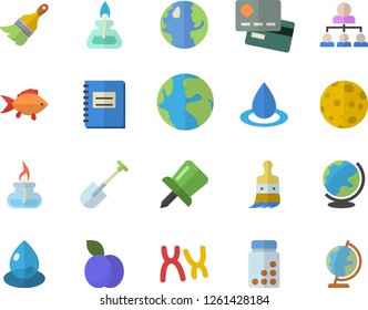 Color flat icon set paint brush flat vector, fish, plum, shovel, earth, drop, credit card, chromosomes, notebook, drawing pin, hierarchy, moon, gas burner, vitamins, globe