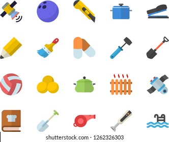 Color flat icon set paint brush flat vector, stationery knife, saucepan, meat hammer, cookbook, blender, shovel, radiator, pencil, stapler, satellit, whistle, bowling ball, volleyball, pills, pool