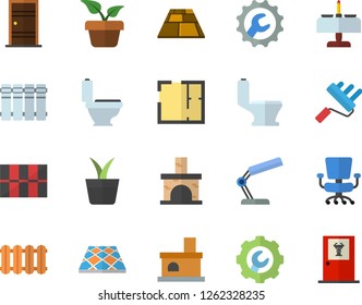Color flat icon set paint roller flat vector, toilet, house layout, Entrance door, tile, repair, flooring, heating batteries, home plant, fireplace, office chair, reading lamp, doctor's