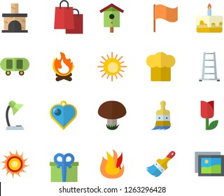 Color flat icon set paint brush flat vector, cook hat, fire, cake, mushroom, nesting box, ladder, tulip, bonfire, fireplace, flag, bags, present, reading lamp, skateboard, sun fector, heart pendant